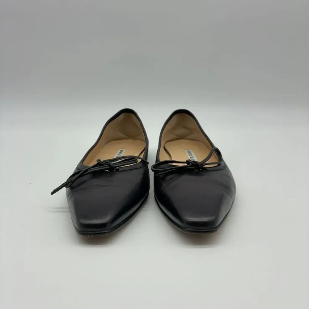 Manolo Blahnik Black Leather Pointed Toe Ballet Flats
